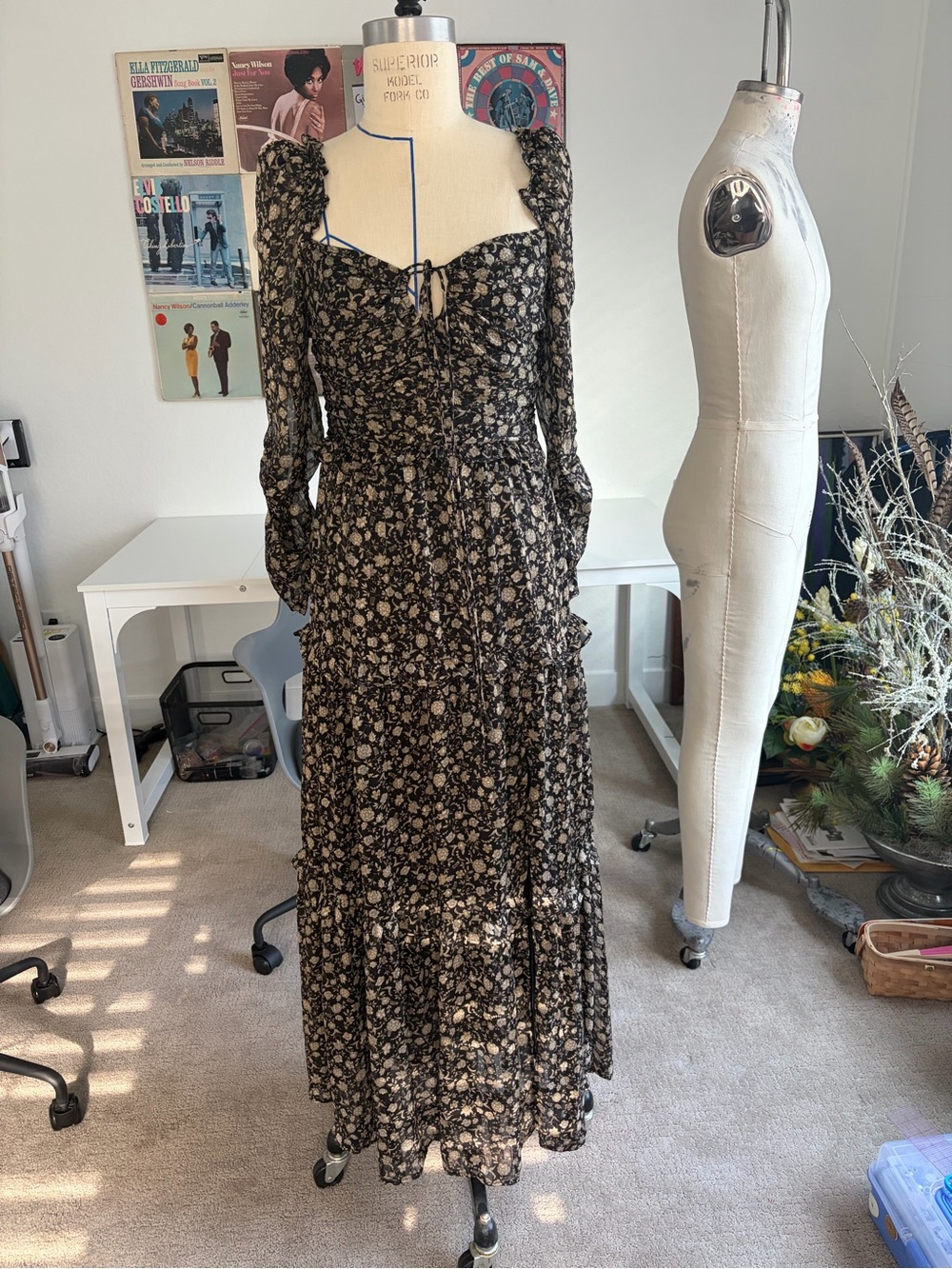 Astr Black & Cream Floral Maxi Dress with Puff Sleeves
